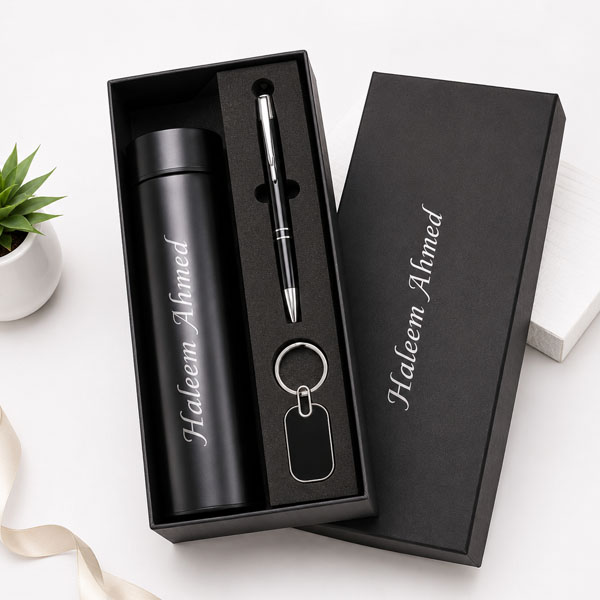 Customizable Temperature Bottle with Pen and Keychain Gift Set, Black Insulated Bottle