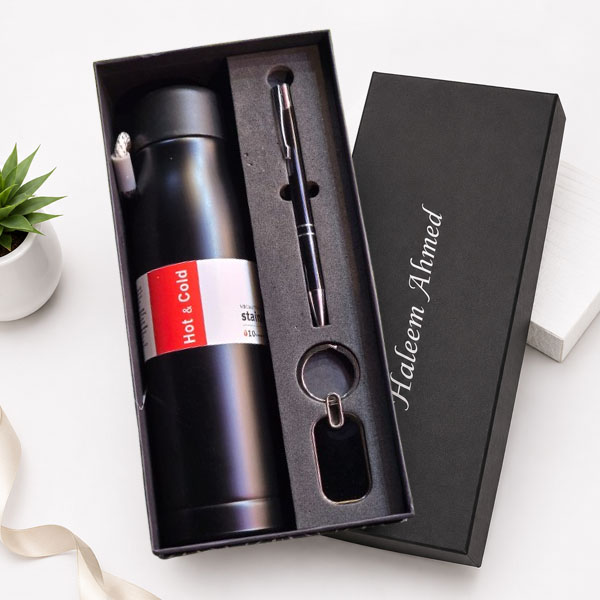 Customizable Temperature Bottle with Pen and Keychain Gift Set, Black Insulated Bottle